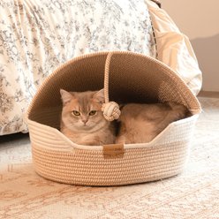 Cheerpals 3-in-1 Hand-Woven Covered Cat Cave Bed with Toy Ball, White, Large slide 2 of 9