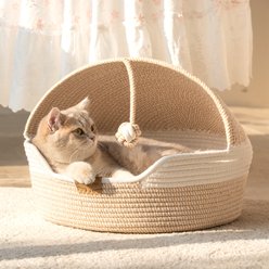 Cheerpals 3-in-1 Hand-Woven Covered Cat Cave Bed with Toy Ball, White, Large