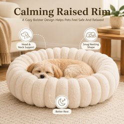 NonoPets Round Faux Fur Corduroy Fleece & Anti Slip Bottom Donut Dog & Cat Bed with Washable Removable Cover, Beige, 36-in slide 2 of 9