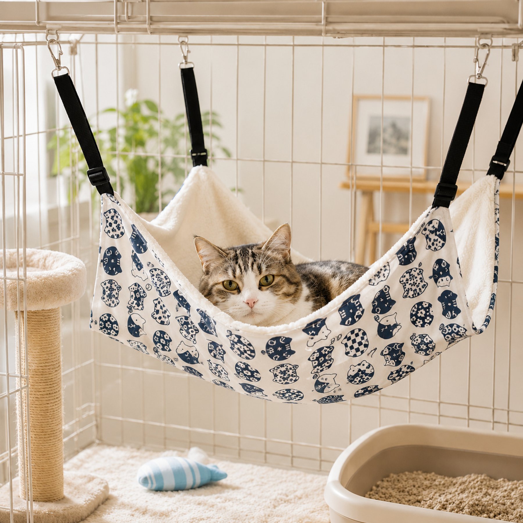 NonoPets Adjustable Cat Hammock Bed Cage Replacement for Cats & Smallpets, White/Blue, Small