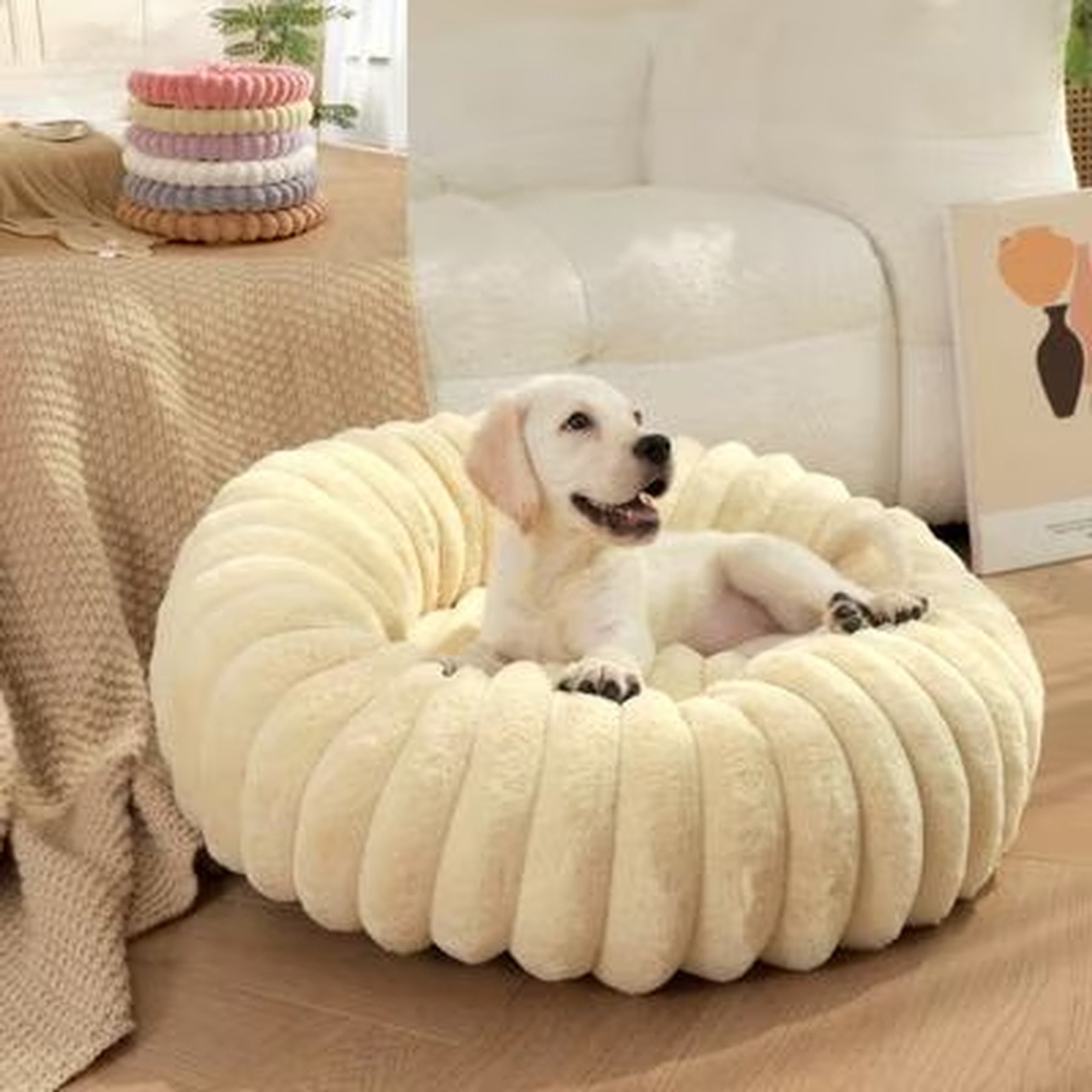 NonoPets Round Faux Fur Corduroy Fleece & Anti Slip Bottom Donut Dog & Cat Bed with Washable Removable Cover, Beige, 36-in
