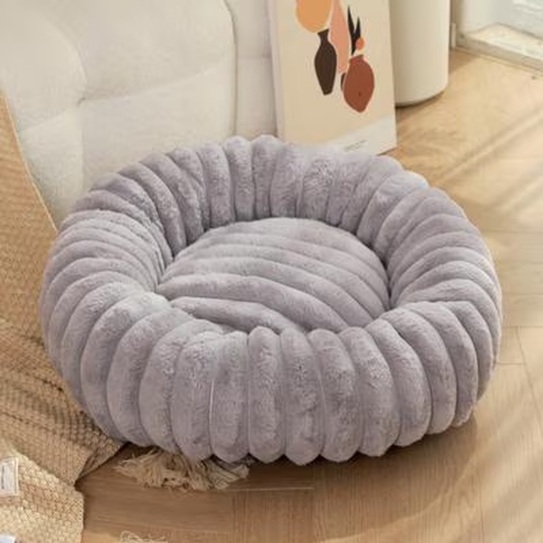NonoPets Round Faux Fur Corduroy Fleece & Anti Slip Bottom Donut Dog & Cat Bed with Washable Removable Cover, Grey, 48-in