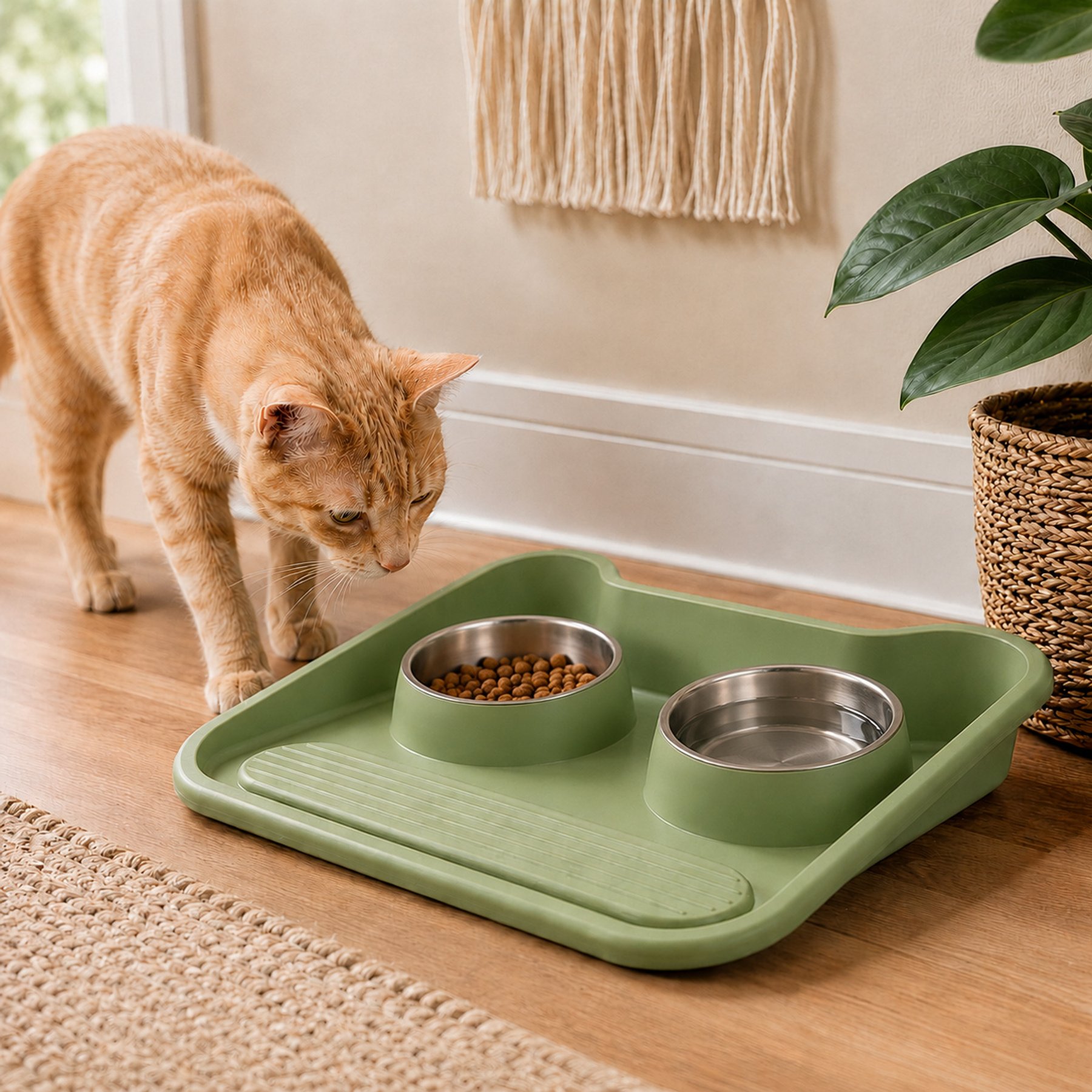 NonoPets Non-Slip Dual Bowl Set with Raised Base Cat Food & Water Feeder, Green