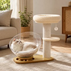 NonoPets Solid Wood Cat Tree Climbing Frame with Acrylic Spacecraft Nest, Beige