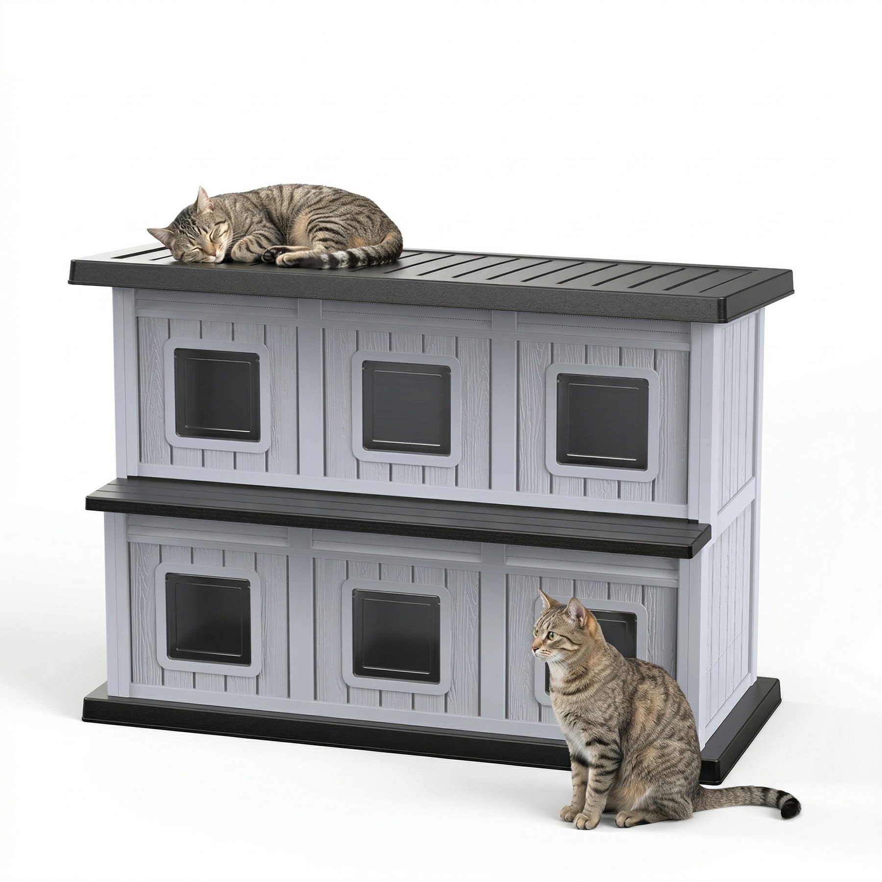 PLAYRANK Double-Deck Stray Apartment Outdoor Cat House, 51.97 x 26.42 x 37.28-in, Black