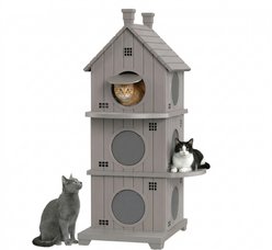 PLAYRANK Three-Story Villa Log Cabin Style Outdoor Cat House, Gray, 25.51 x 20.71 x 52.09-in