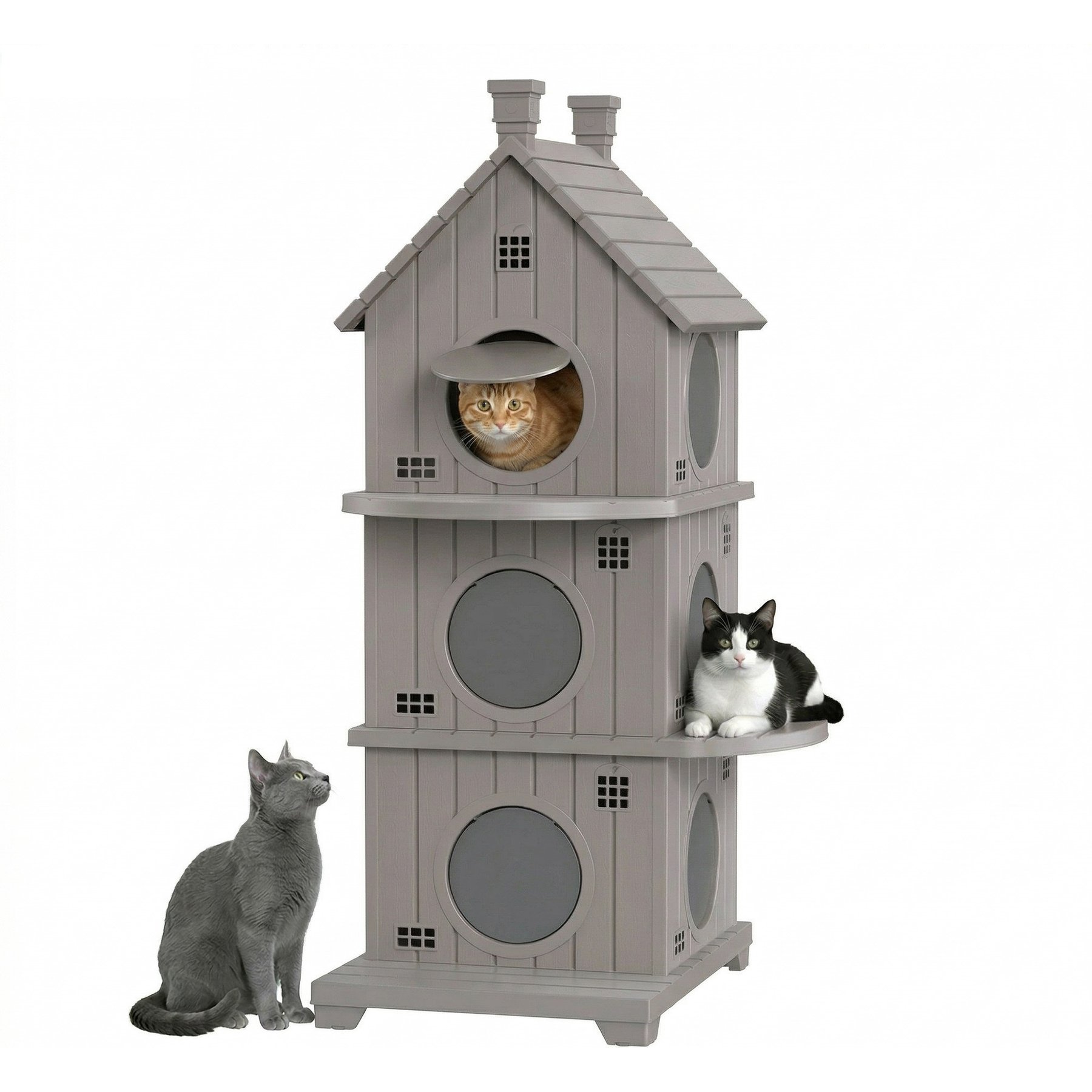 PLAYRANK Three-Story Villa Log Cabin Style Outdoor Cat House, Gray, 25.51 x 20.71 x 52.09-in