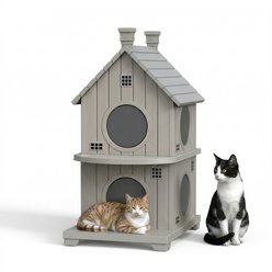 drato Three-Story Apartment Log Cabin Shape Outdoor Cat House, 25.51 x 20.71 x 38.86-in, Grey