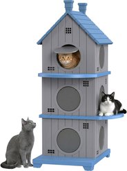 drato Three-Story Villa Log Cabin Style Outdoor Cat House, Blue, 25.51 x 20.71 x 52.09-in