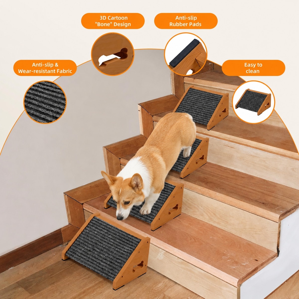 Moe Ramp MALOROY Wooden Non-Slip Dog Ramps for Stairs, 11.8-in, 4 count, Brown ...