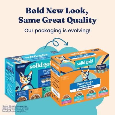 Show full view: Solid Gold Five Oceans Variety Pack Grain-Free Shreds in Gravy Wet Cat Food, 3-oz can, case of 12 slide 3 of 9