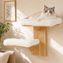 FUKUMARU Solid Rubber Wood Tree Shape Wall Mounted Cat Wall Shelf with 2 Platform & Removable Cushions, Brown