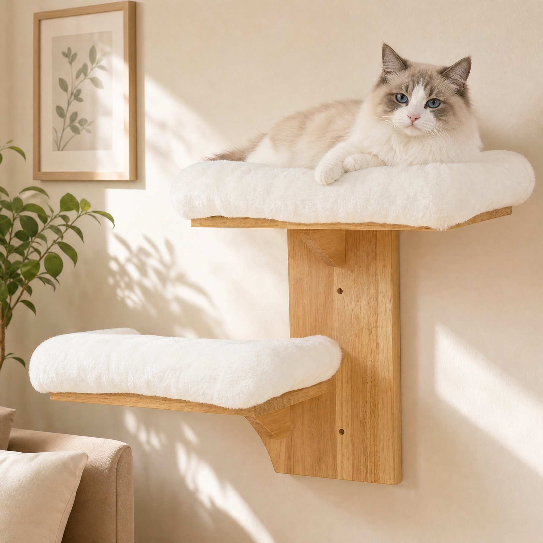 FUKUMARU Solid Rubber Wood Tree Shape Wall Mounted Cat Wall Shelf with 2 Platform & Removable Cushions, Brown