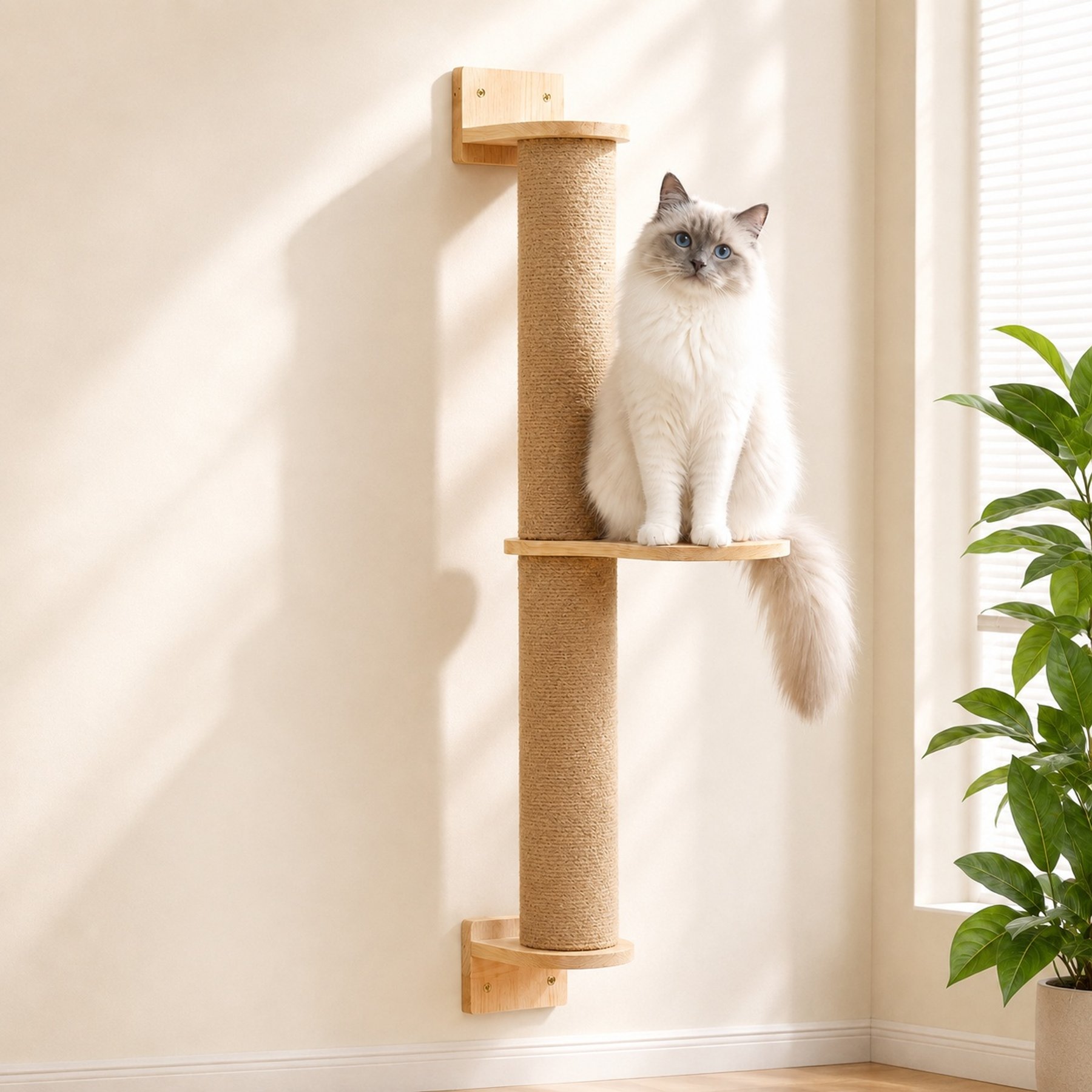 FUKUMARU 36.6-in Pine Natural Wood Indoor Modern Cat Tree Wall Mounted with Scratching Post & Perch, Brown