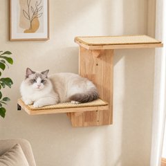 FUKUMARU Solid Rubber Wood Tree Shape Wall Mounted Cat Wall Shelf with 2 Platform & Sisal Mat, Brown