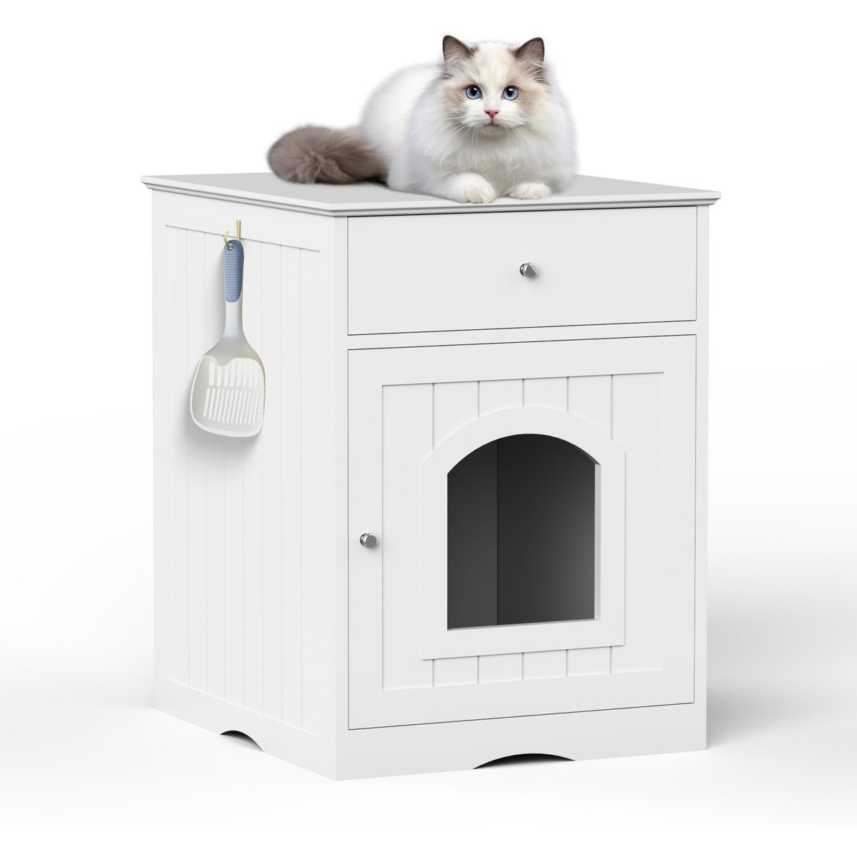 Trygoal Litter Box Indoor Wooden Modern Cat House with Drawer Side Table, 19.09 x 20.87 x 25-in, White