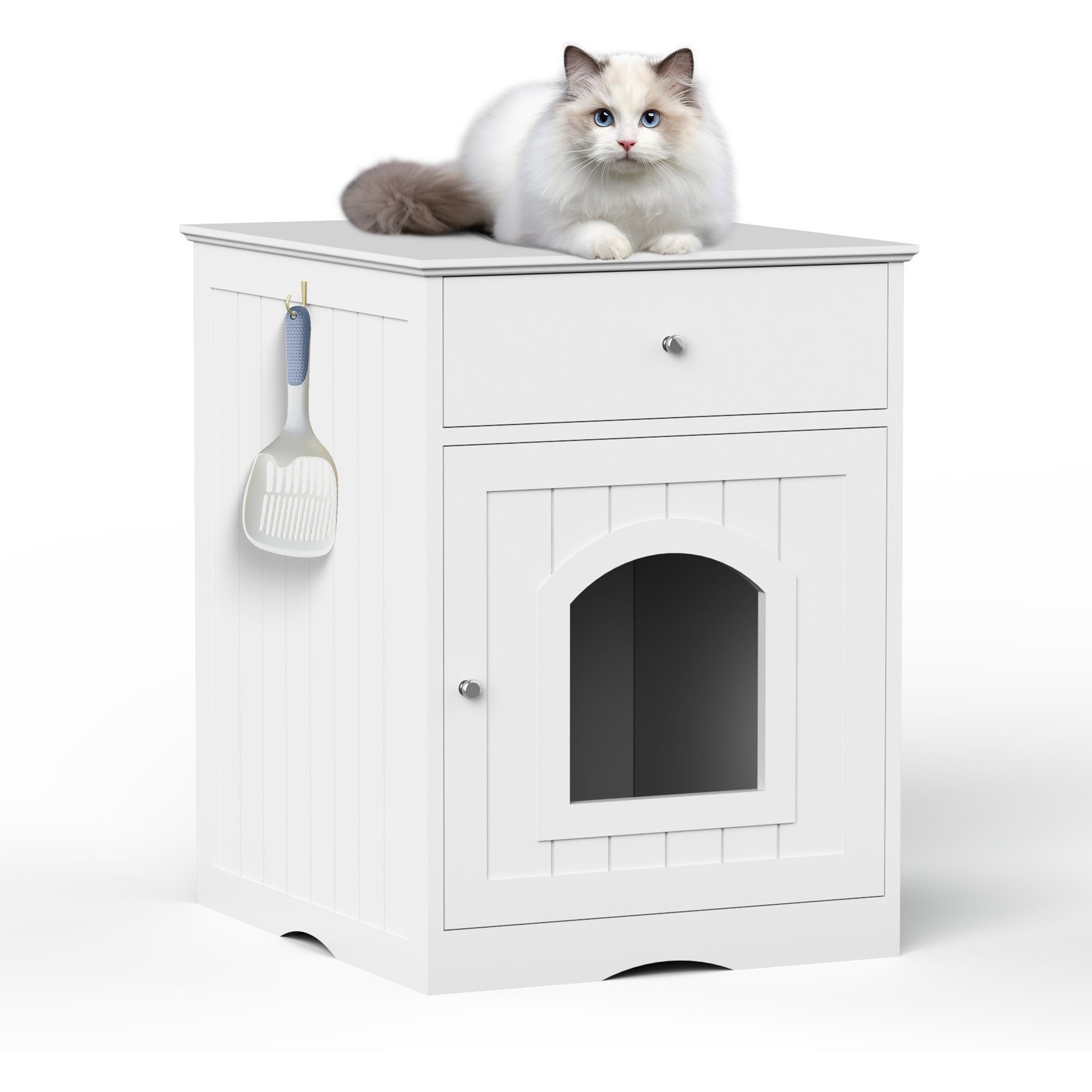Bencmate Litter Box Indoor Wooden Modern Cat House with Drawer Side Table, 19.09 x 20.87 x 25-in, White