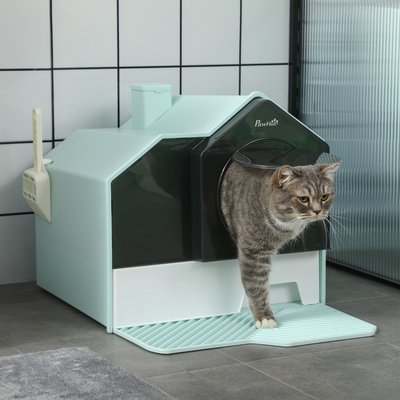 Bencmate Bencmate Cat Litter Box Hooded Enclosed Pan with Pull Out Drawer Odor Control Mat & Scoop, Blue, 18.5 x 17.75 x 16.5-in