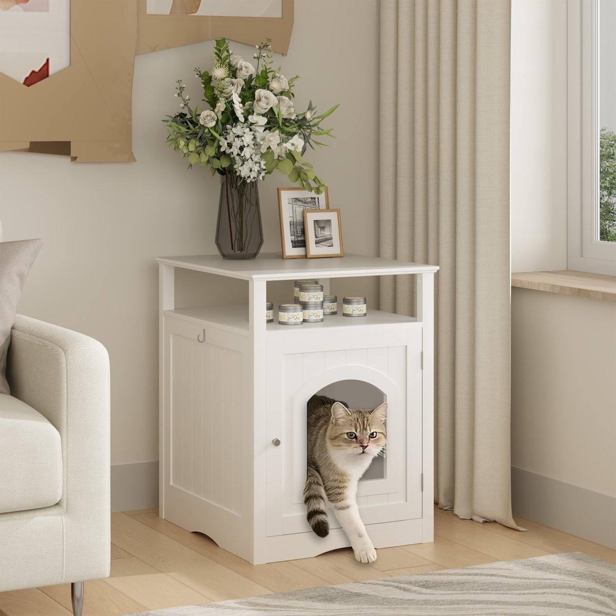 Bencmate Litter Box Indoor Wooden Enclosure Modern Stylish Cat Condo with Hidden Cabinet Storage Shelf, White, 18.9 x 20.87 x 24.8-in