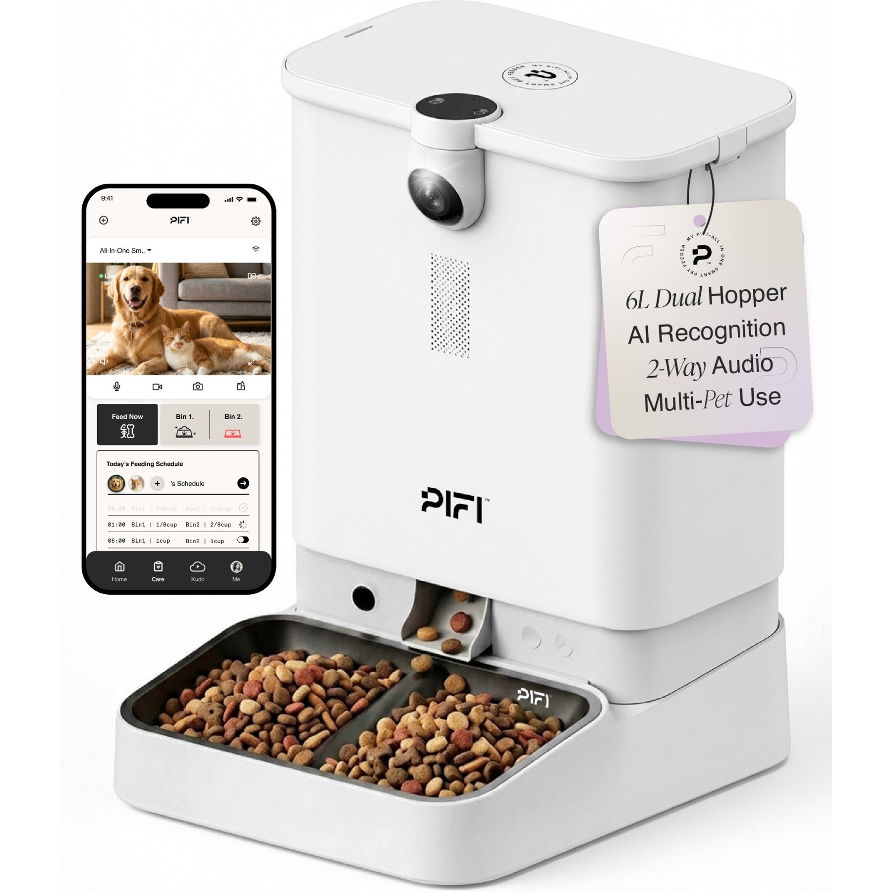 PiFi Smart Portion Control WiFi 5G & 2.4G Dual Bin Automatic Cat Multi Feeder, White, 6-liter, Modern Slim
