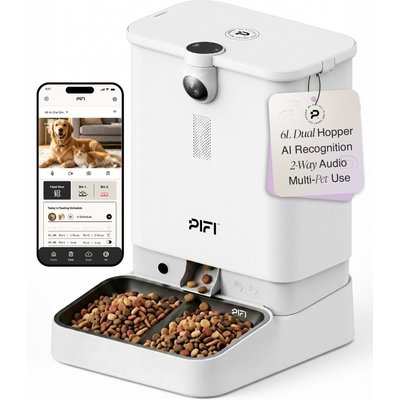 PiFi PiFi Smart Portion Control WiFi 5G & 2.4G Dual Bin Automatic Dog Multi Feeder, White, 6-liter, Modern Slim