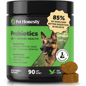 Pet Honesty Probiotics Gut + Immune Health Duck Flavored Soft Chews, Digestive Probiotic Supplement for Dogs, 90 count