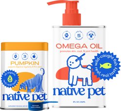 Native Pet Organic Pumpkin Fiber & Diarrhea Relief, 8-fl oz + Omega 3 Fish Oil Skin & Coat Health Dog Supplement, 8-fl oz