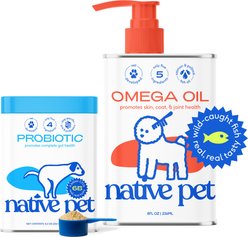 Native Pet Vet-Formulated Probiotics & Prebiotic, 8.2-fl oz canister + Omega 3 Fish Oil Skin & Coat Health Dog Supplement, 8-fl oz