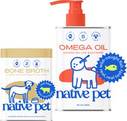 Native Pet Beef Bone Broth Powder Food Topper, 4.75-oz + Omega 3 Fish Oil Skin & Coat Health Dog Supplement, 8-oz
