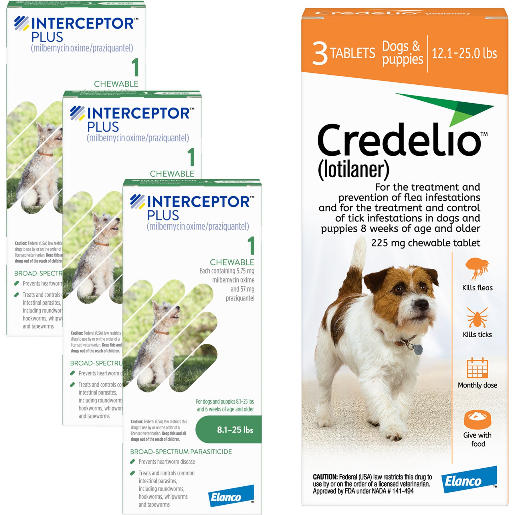 Interceptor Plus Chew, 8.1-25 lbs, (Green Box), 3 Chew (3-mo. supply) + Credelio Chewable Tablet for Dogs, 6.1-12 lbs, (Pink Box), 3 Chewable Tablets (3-mos. supply)