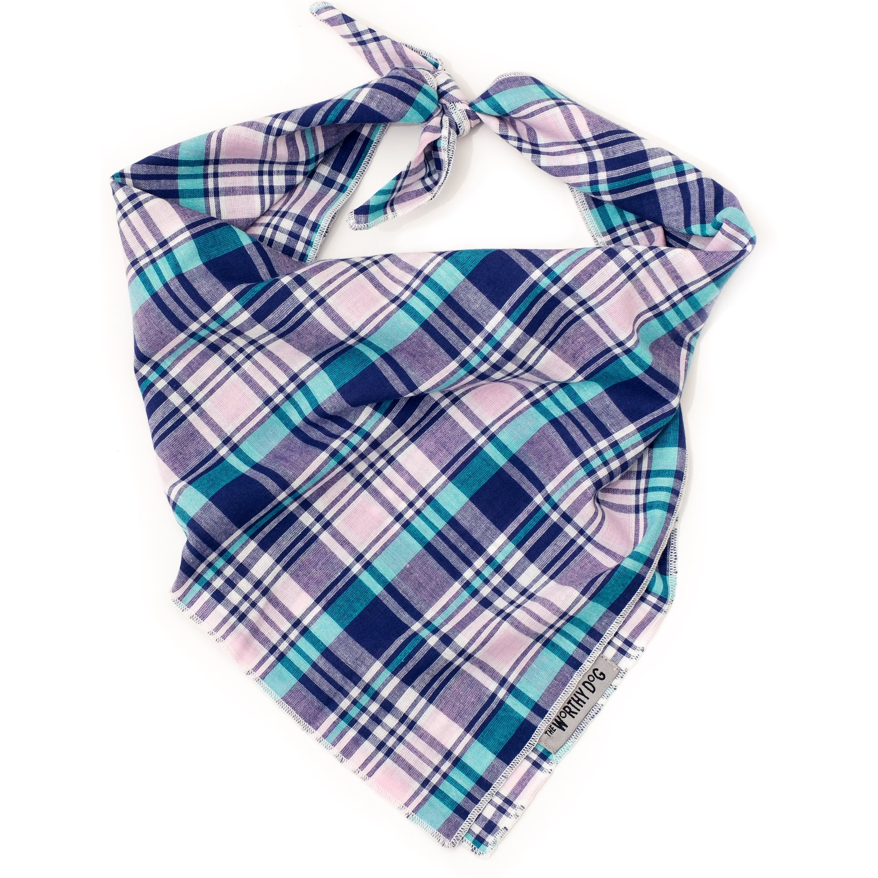 The Worthy Dog Madras Plaid Classic Machine-Washable Dog Bandana, Navy/Pink/Turquoise, Large