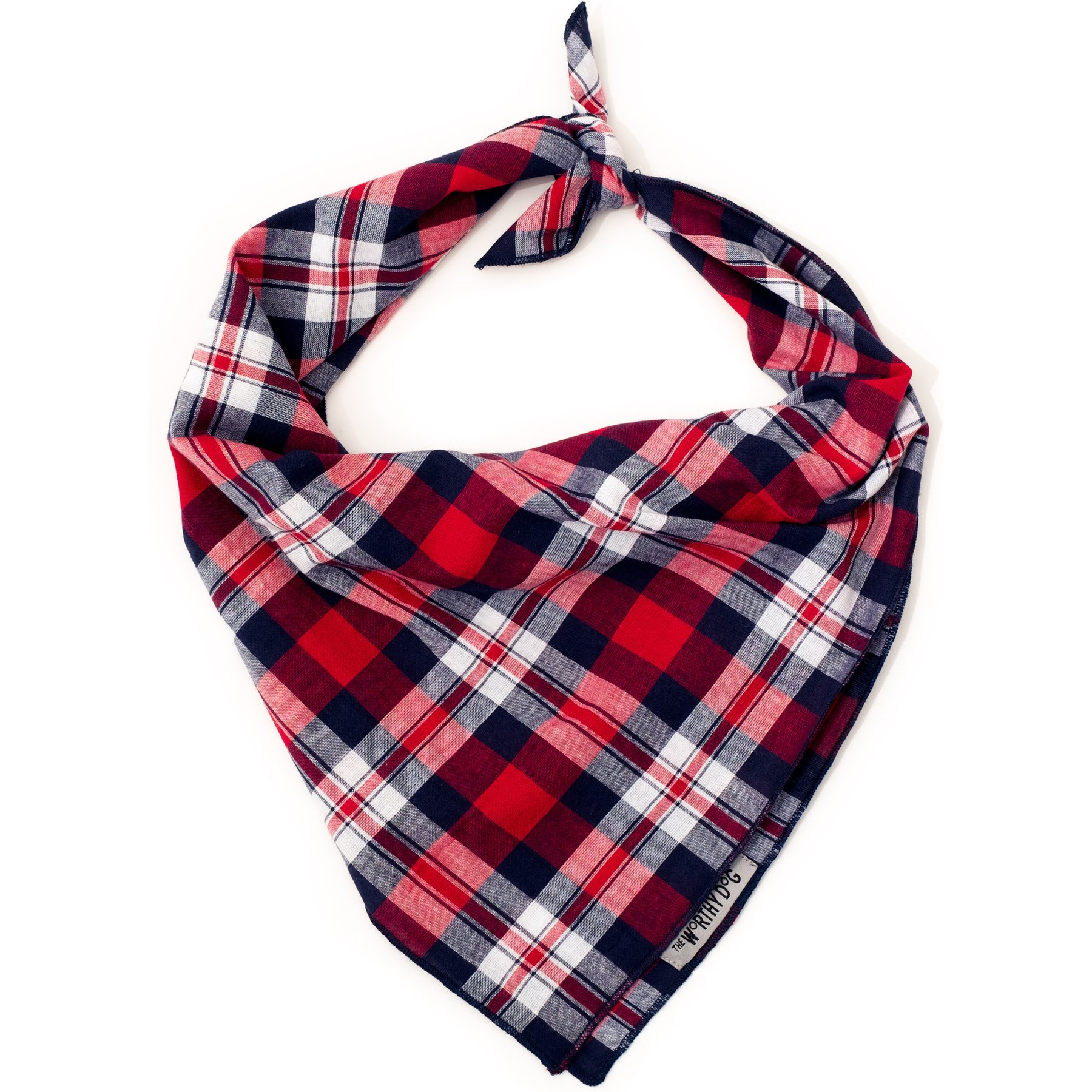 The Worthy Dog Madras Plaid Classic Machine-Washable Dog Bandana, Red/Navy, Large
