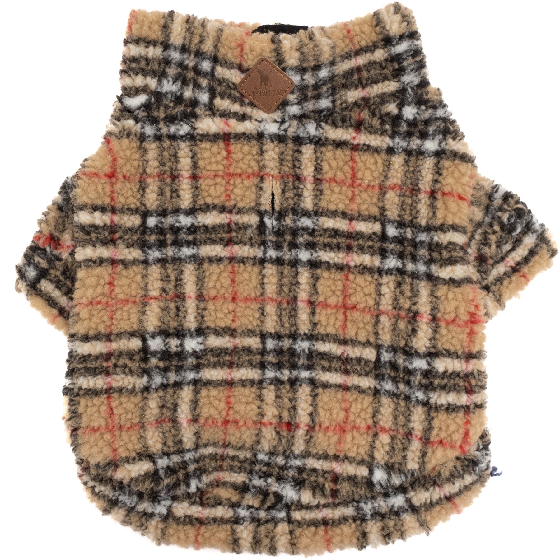 The Worthy Dog Quarter Zip Pullover Dog Coat, Tan Plaid, Large