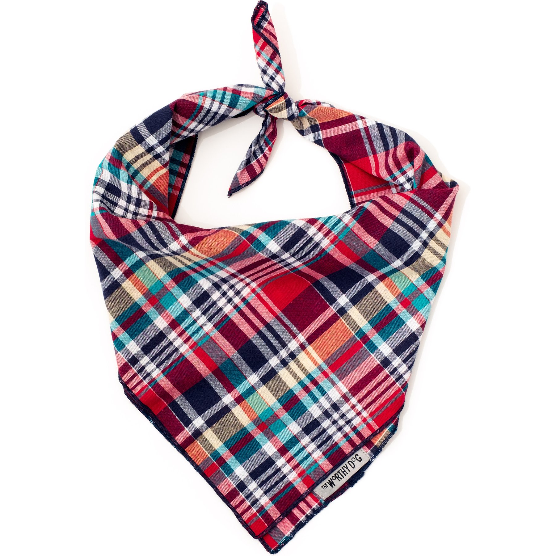 The Worthy Dog Madras Plaid Classic Machine-Washable Dog Bandana, Red/Navy/Multicolor, Small