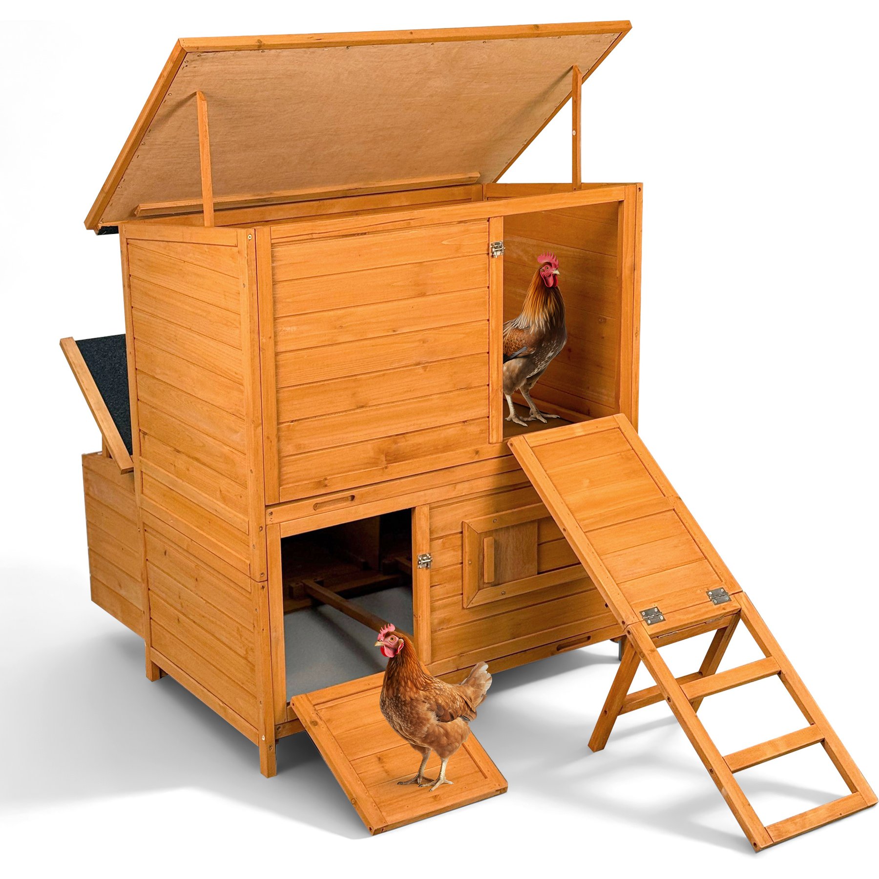 Yafylly Double House with 3 Nesting Boxes, 2 Pull-Out Trays & Asphalt Roof 6 - 8 Chicken Coop