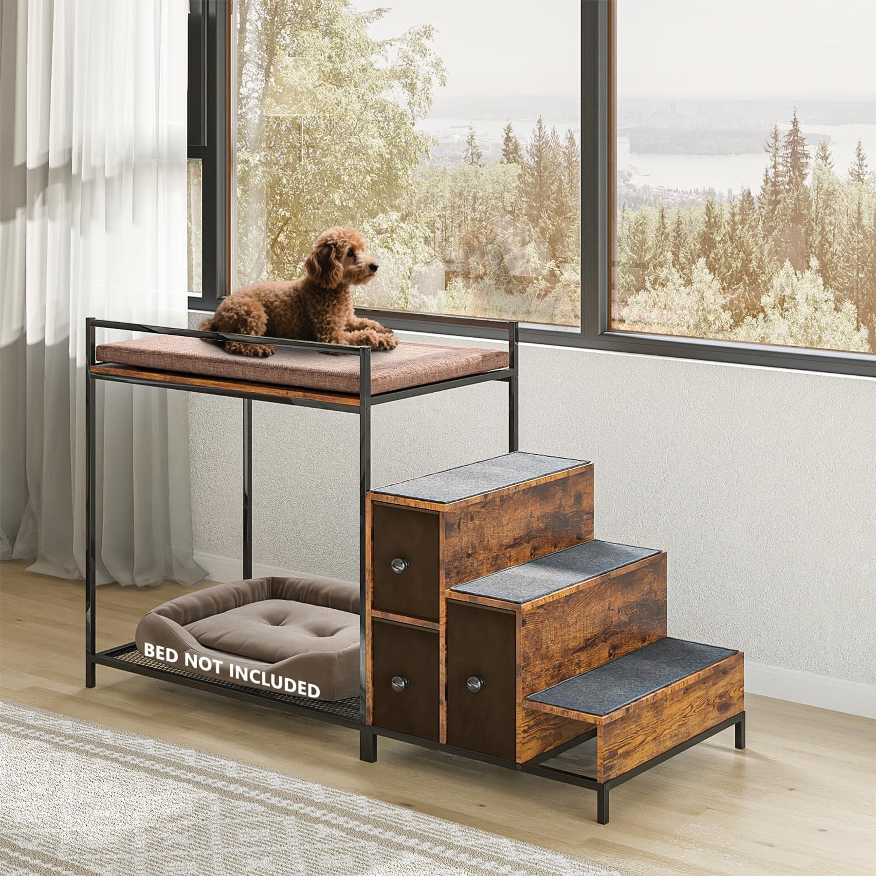 LEMBERI Bunk Bed Window Perch with Storage Dog & Cat Stairs, Brown