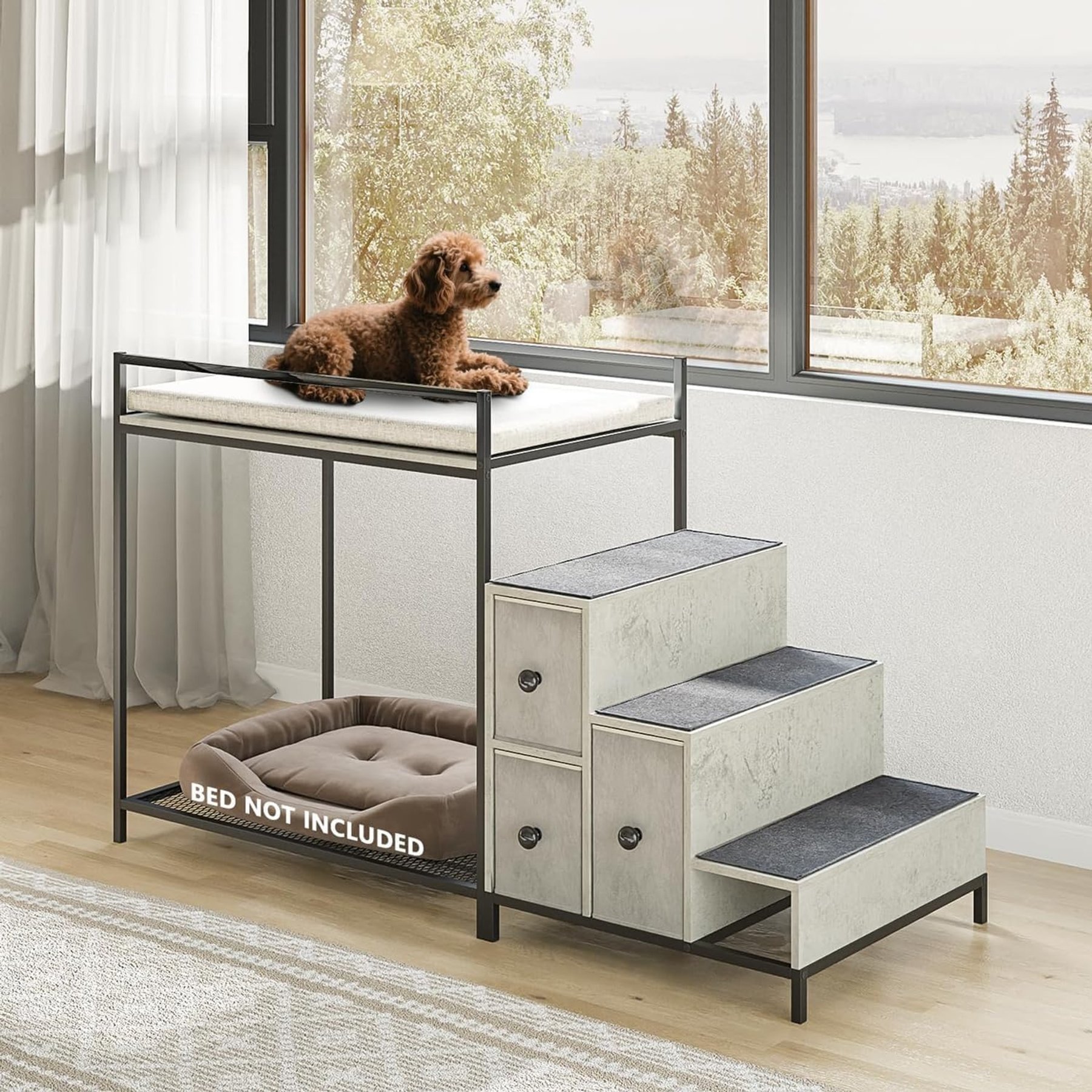 LEMBERI Bunk Bed Window Perch with Storage Dog & Cat Stairs, Grey
