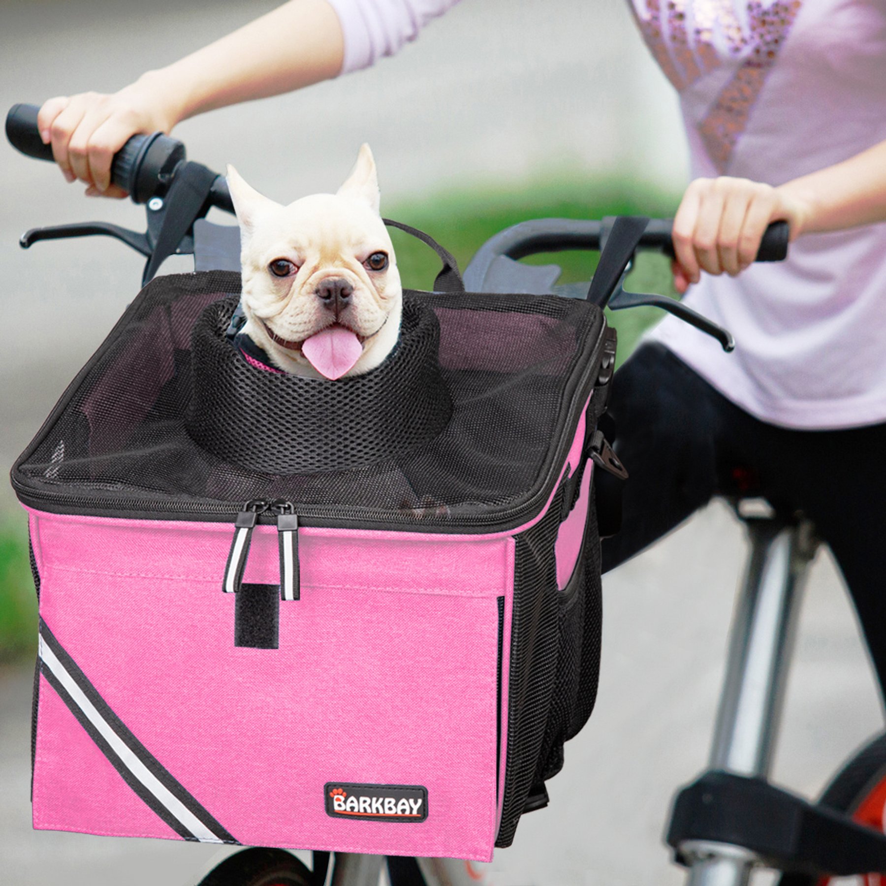 BARKBAY Foldable Front-carrier Dog Bicycle Basket, Pink Carnation