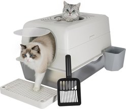 YODOLLA High Sided Stainless Steel Covered Cat Litter Box with Lid, X-Large, White slide 1 of 7