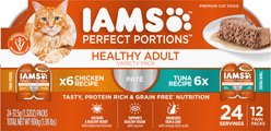 Iams Perfect Portions Healthy Adult Chicken & Tuna Variety Pack Grain-Free Pate Wet Cat Food, 2.6-oz tray, case of 12 twin-packs