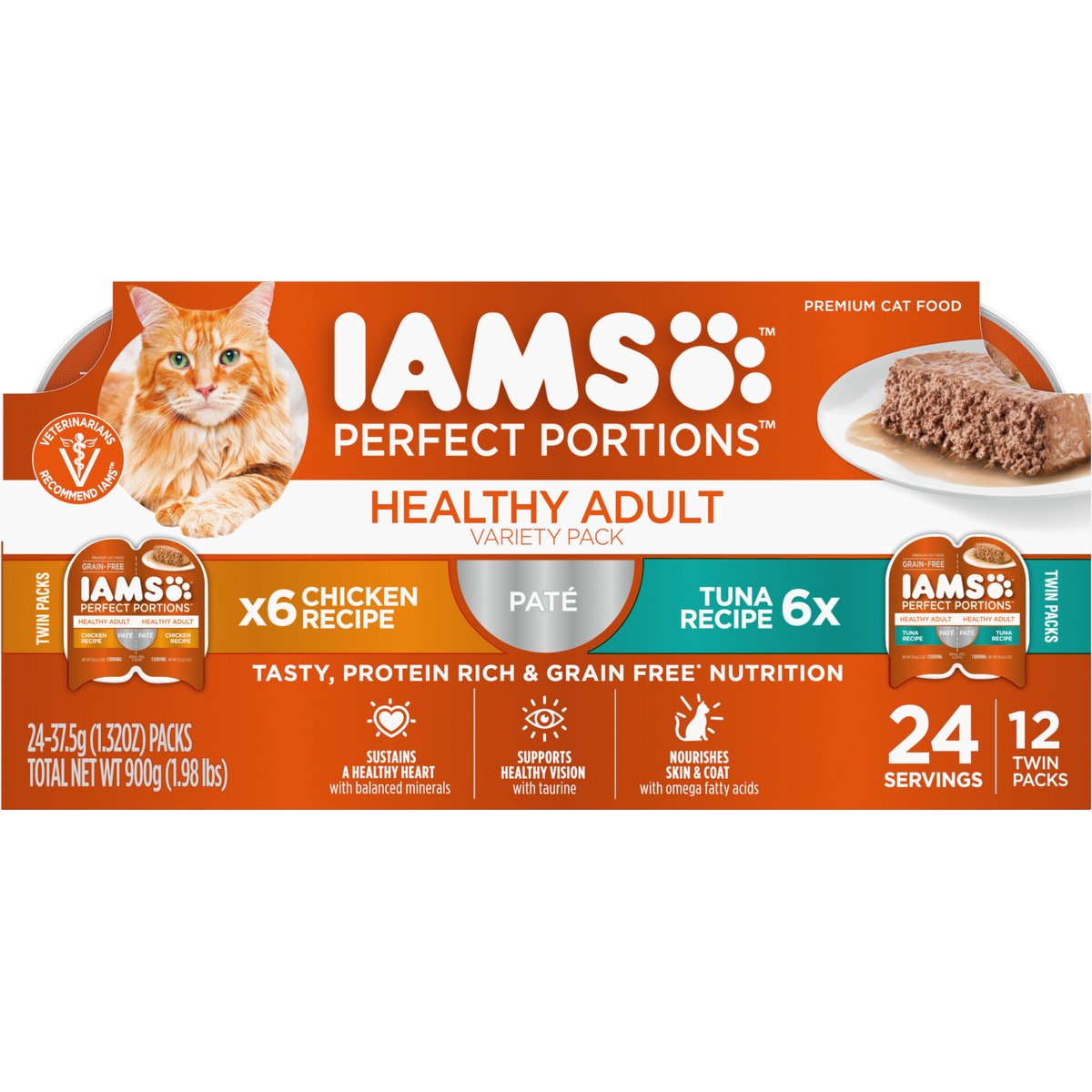 Iams Perfect Portions Healthy Adult Multipack Chicken & Tuna Recipe Pate Grain-Free Wet Cat Food, 2.6-oz tray, case of 12 twin packs