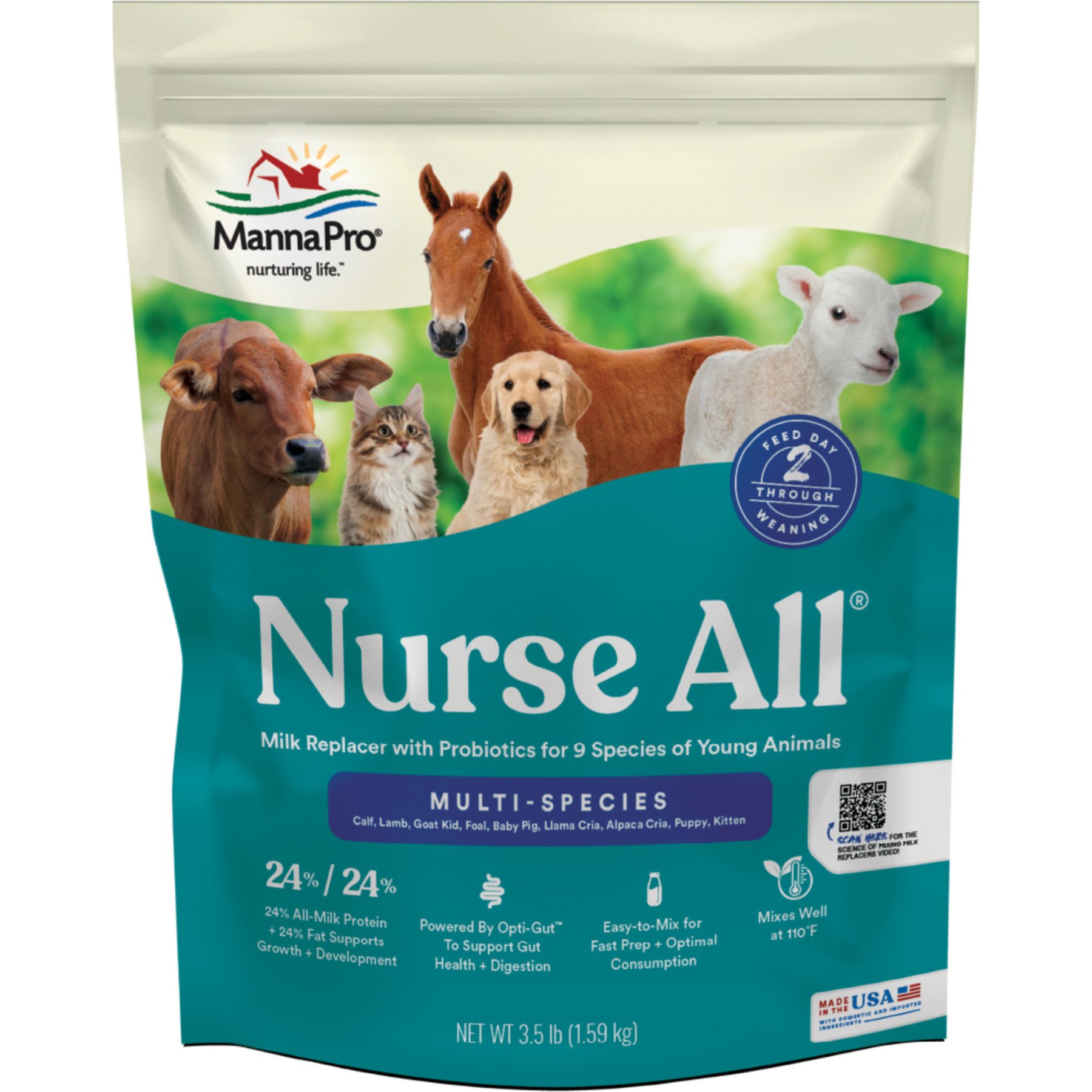 Manna Pro Nurse All Multi-Species Milk Replacer + Probiotics Livestock & Horse Supplement, 3.5-lb bag