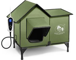 Golopet Outdoor Heated Cat House with Elevated Bed & Adjustable Temperature Heating Pad, Green, Large: 17 x 17-in