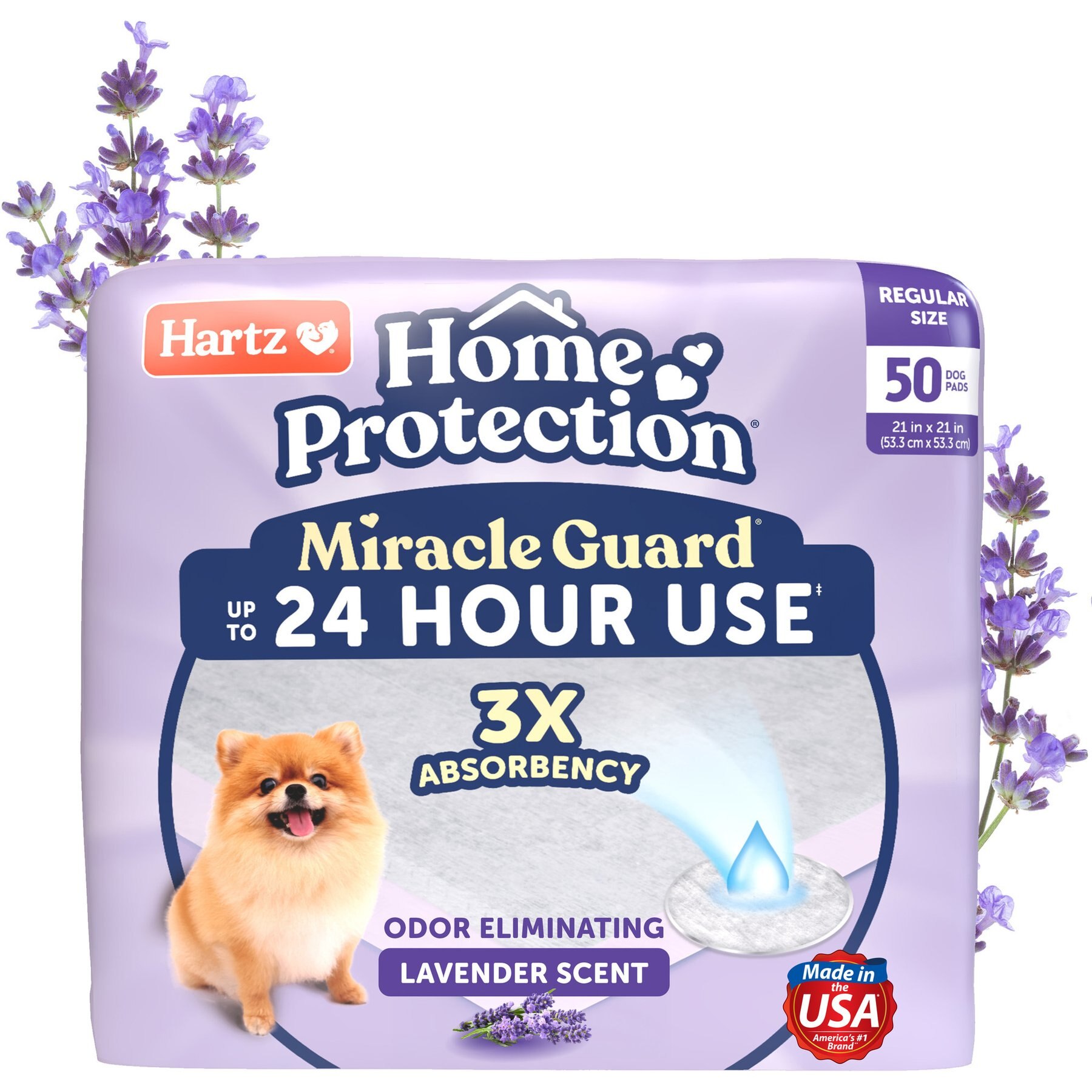 Hartz Miracle Guard Lavender Scented Max Absorbency Odor Eliminating Dog Pads, Regular, 50 count