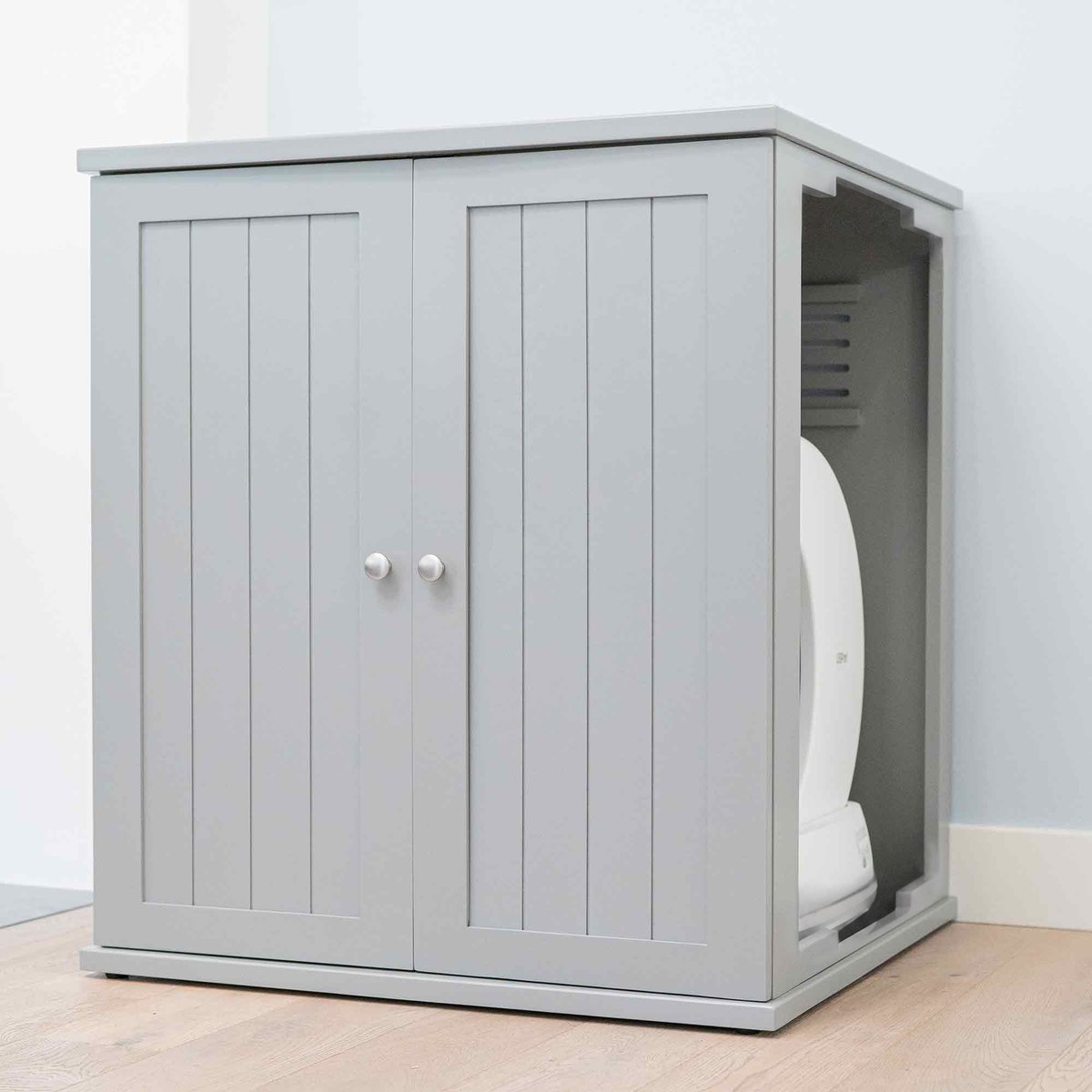 The Refined Feline Self Cleaning Cat Litter Box Cabinet, Cottage Door, Smoke