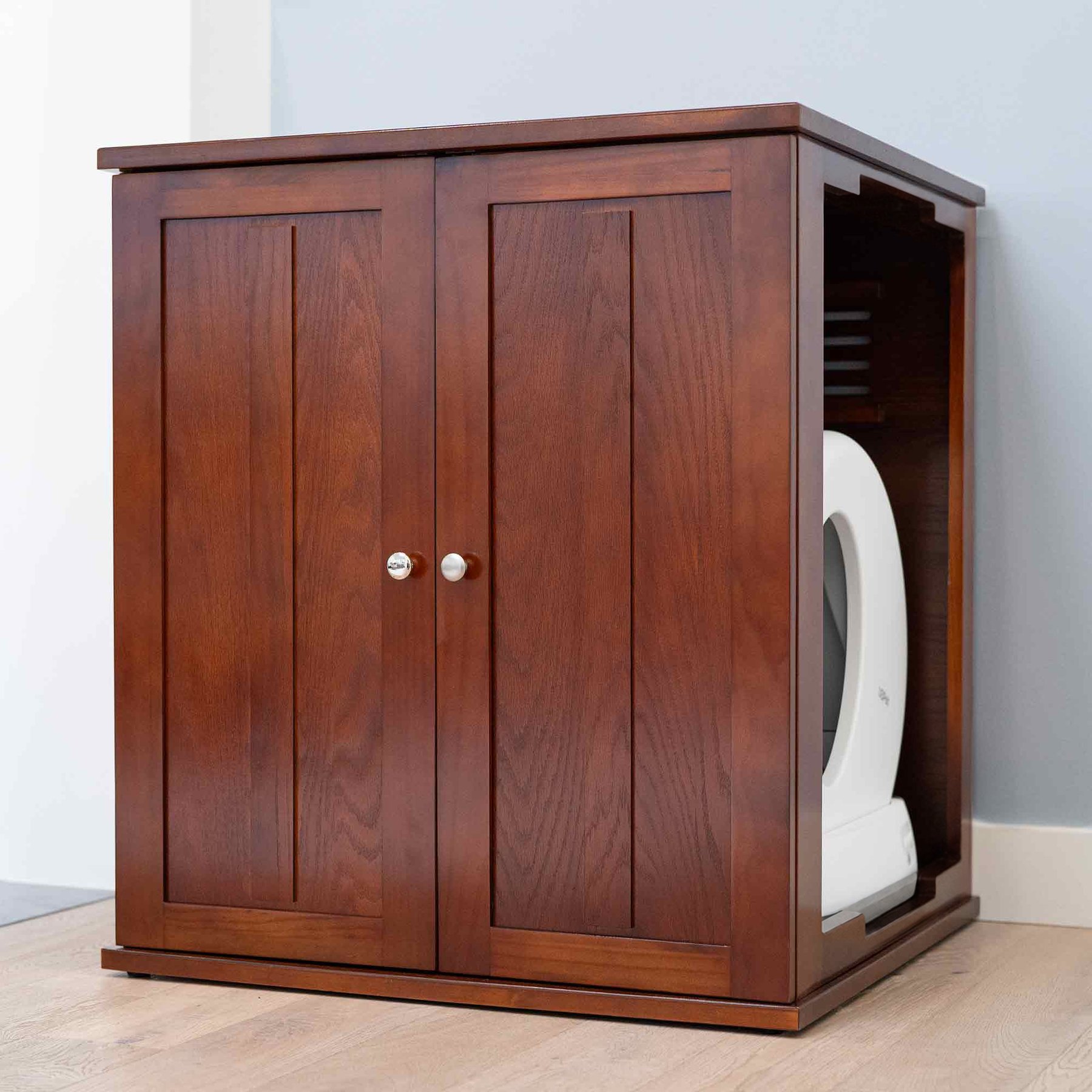 The Refined Feline Self Cleaning Cat Litter Box Cabinet, Shaker Door, Mahogany