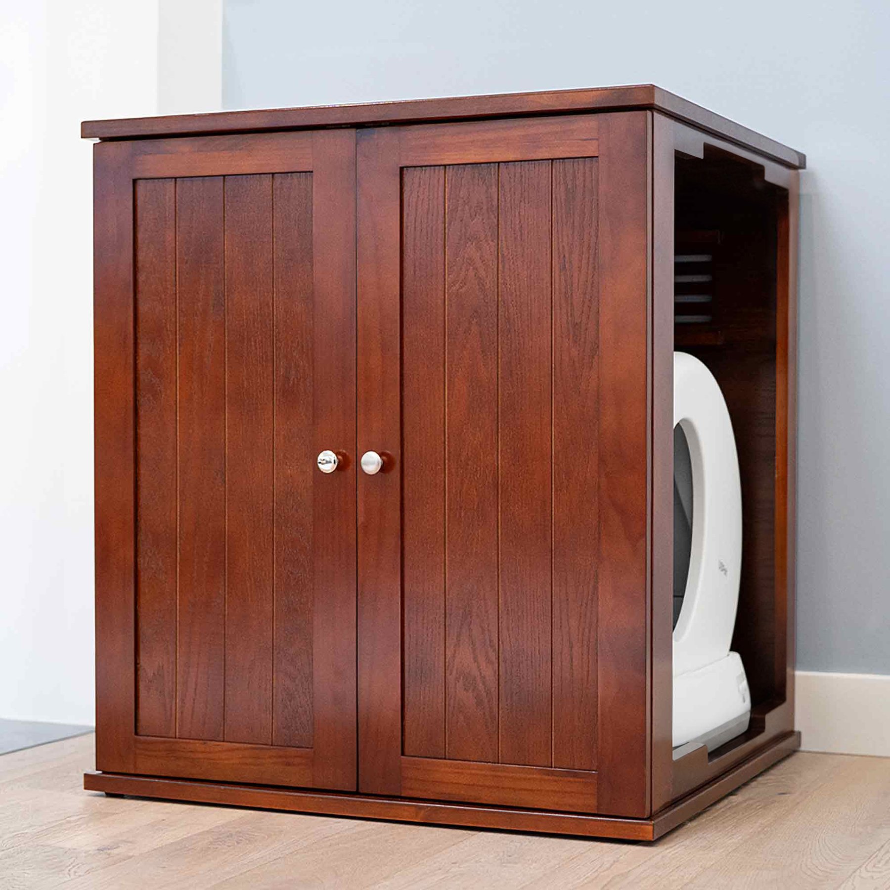 The Refined Feline Self Cleaning Cat Litter Box Cabinet, Cottage Door, Mahogany