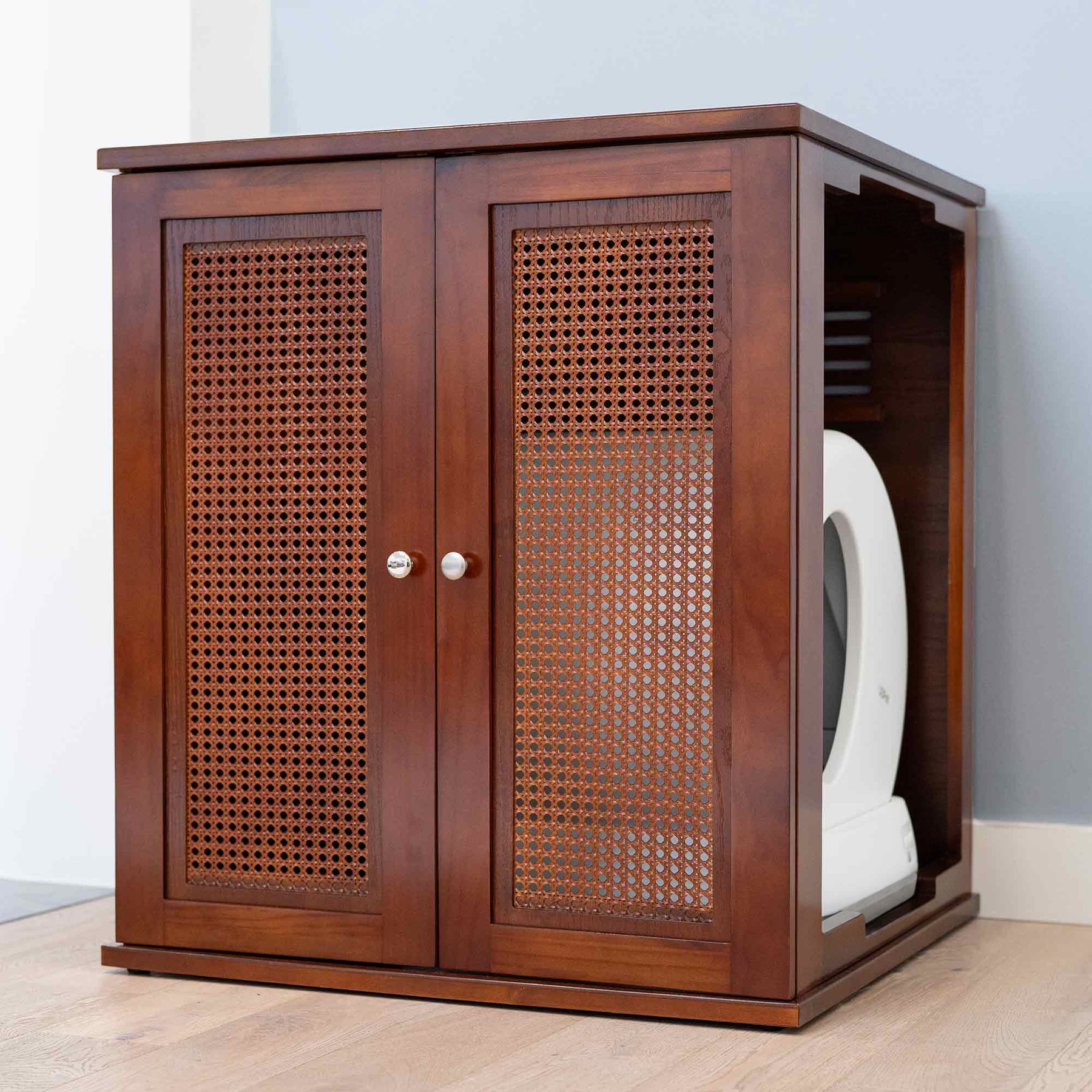 The Refined Feline Self Cleaning Cat Litter Box Cabinet, Cane Door, Mahogany
