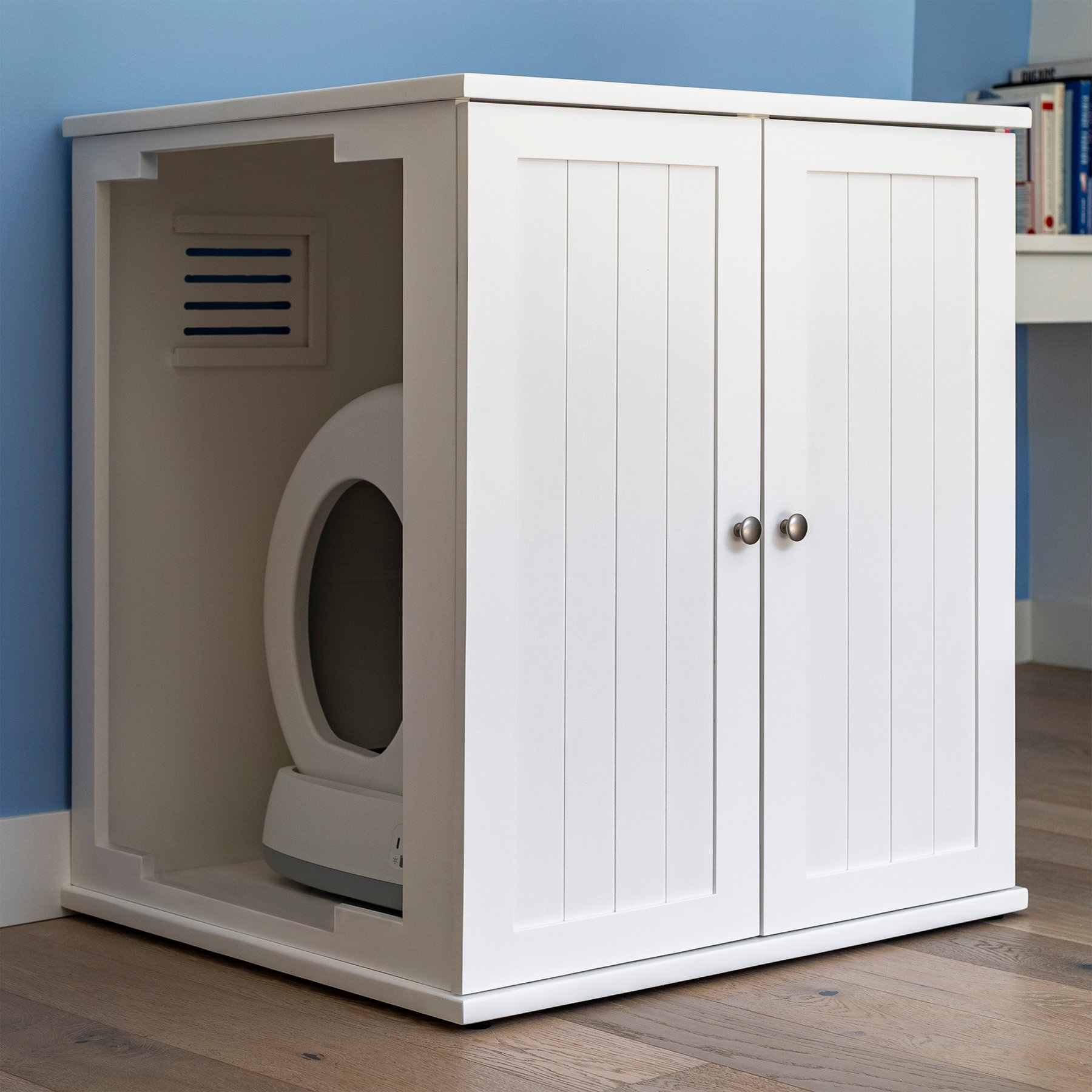 The Refined Feline Self Cleaning Cat Litter Box Cabinet, Cottage Door, White