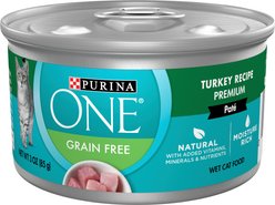 Purina ONE Turkey Recipe Pate Grain-Free Natural High Protein Canned Cat Food, 3-oz, case of 24
